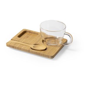 Conjunto de chávena de vidro e base em bambu