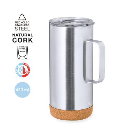 Caneca térmica em aço inox e base de cortiça