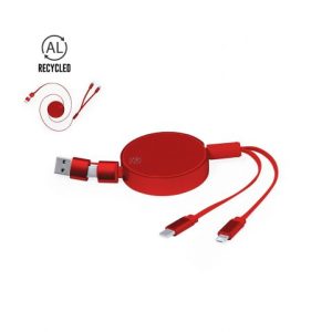 Cabo carregador em alumínio reciclado extensível. Conexão micro USB, tipo C e lightning 5V DC 2.4A