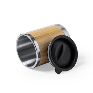 Copo térmico de parede dupla, com exterior em bambu e interior em aço inoxidável